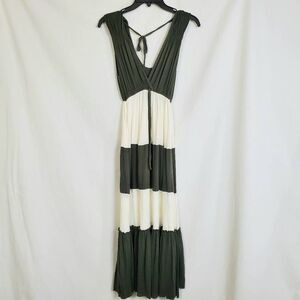 Boho Tiered Maxi Dress Green White Sleeveless V-Neck Empire Waist Size M